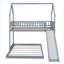 Lit plateforme simple superposé au dessus d'un lit double avec glissade, fabrication en pin massif gris ardoise pour les chambres d'enfant partagées