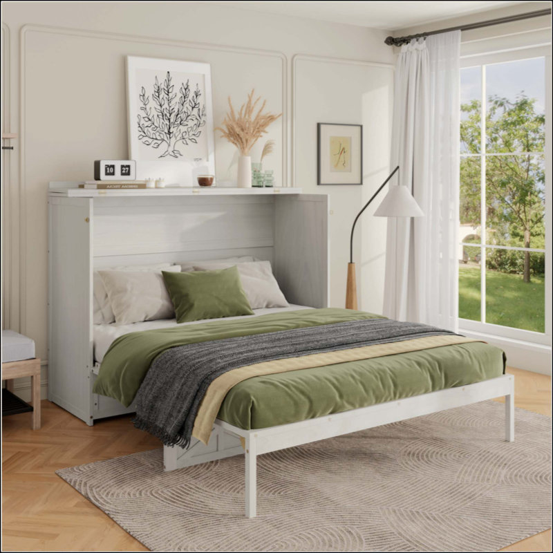 Lit escamotable avec grands tiroirs et USB, conception compacte et élégante pour la vie moderne, Blanc