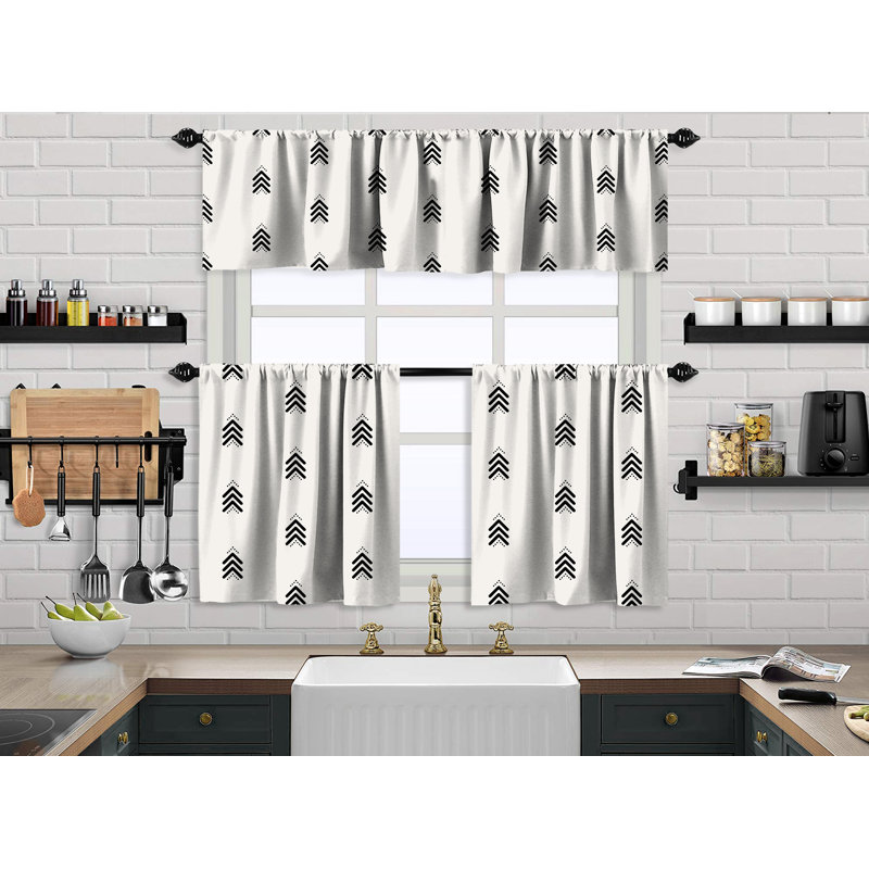Boho Design Kitchen Valance and 2 Tiers Curtain, African Mud, Valances Tiers Cafe Curtains, 24" W x 40" L, White
