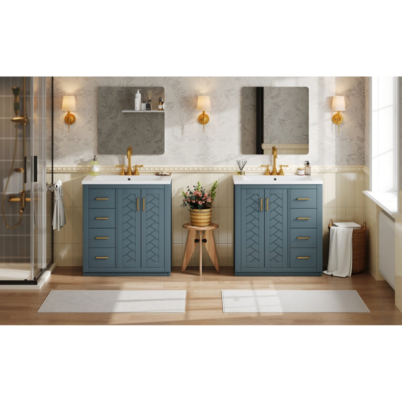 Meuble-lavabo de 30 pouces avec lavabo en céramique, structure en bois massif, tiroirs polyvalents, portes à fermeture en douceur, quincaillerie pour structure de 60 po et 30 po, espace de tiroir spacieux, rangement dissimulé, glissement en douceur