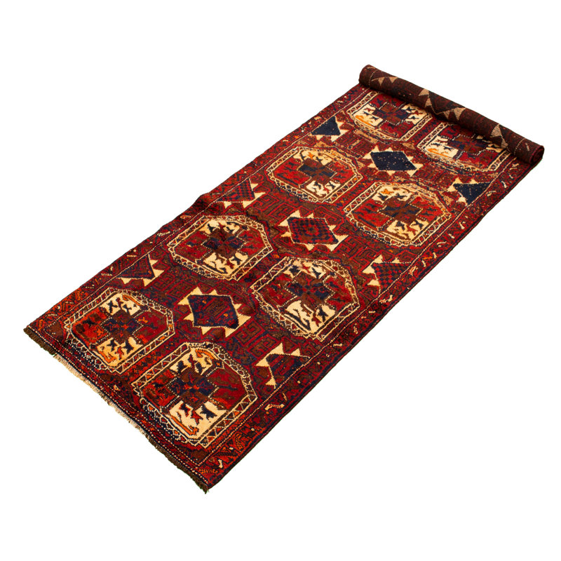 Tapis de couloir en laine noué à la main des années 1980 de conception unique 3 pi 10 po X 11 pi 9 po Tapis décoratif rouge