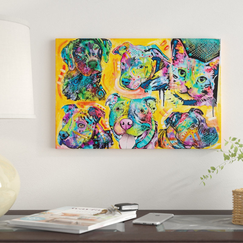 «5 Dogs And A Cat» par Dean Russo - impression sur toile tendue, H 26 po x l 40 po x P 1,5 po, Toile tendue