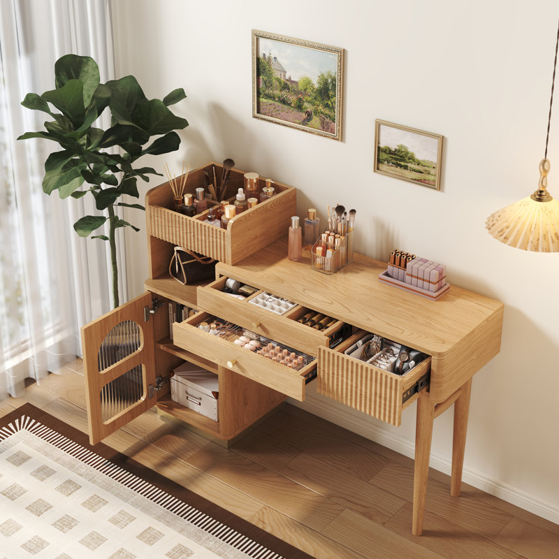 Meuble-lavabo moderne avec tiroirs et armoire | Coiffeuse en bois avec tablettes de rangement ouvertes pour la chambre à coucher, le salon de beauté et le bureau personnel