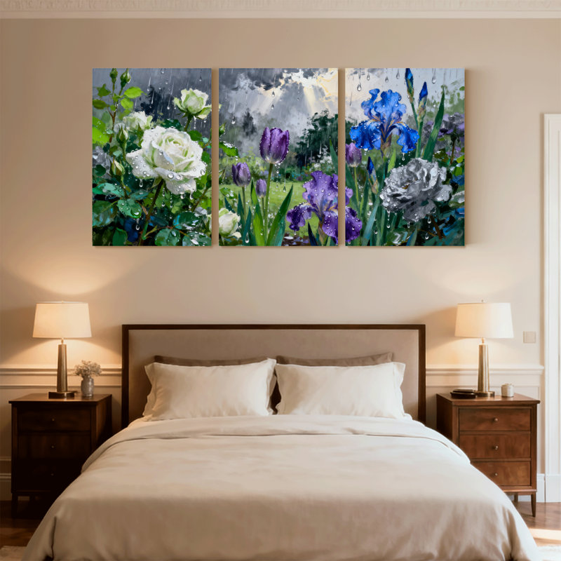 Plantes et fleurs, gouttes de pluie sur une scène de jardin, ensemble de 3 impressions sur toile, H 30 po x l 60 po