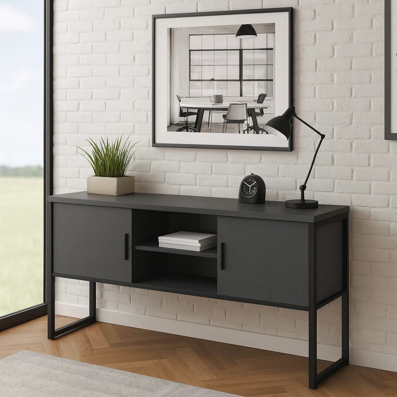 Table de bureau Homi, 2 armoires, 71 po, métal, stratifié gris