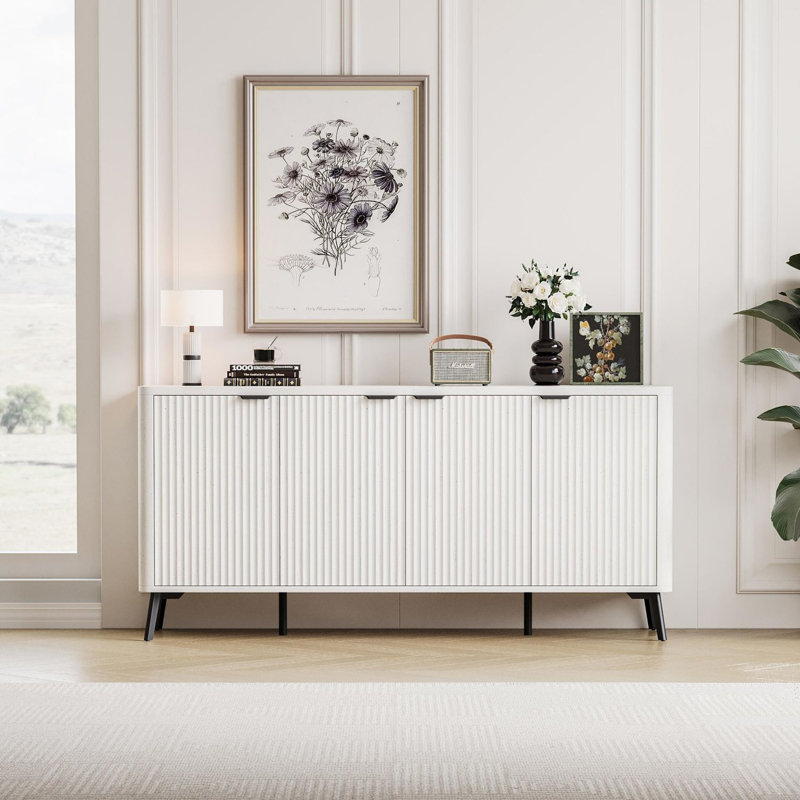 62.9 inch Flute Sideboard Cabinet with Adjustable Shelf, Curved Accent Cabinet with Metal Legs, Antique White