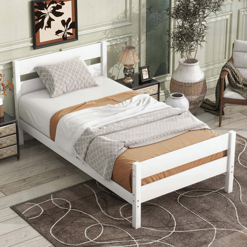 Lit simple en bois d'hévéa avec tête et pied de lit, Blanc