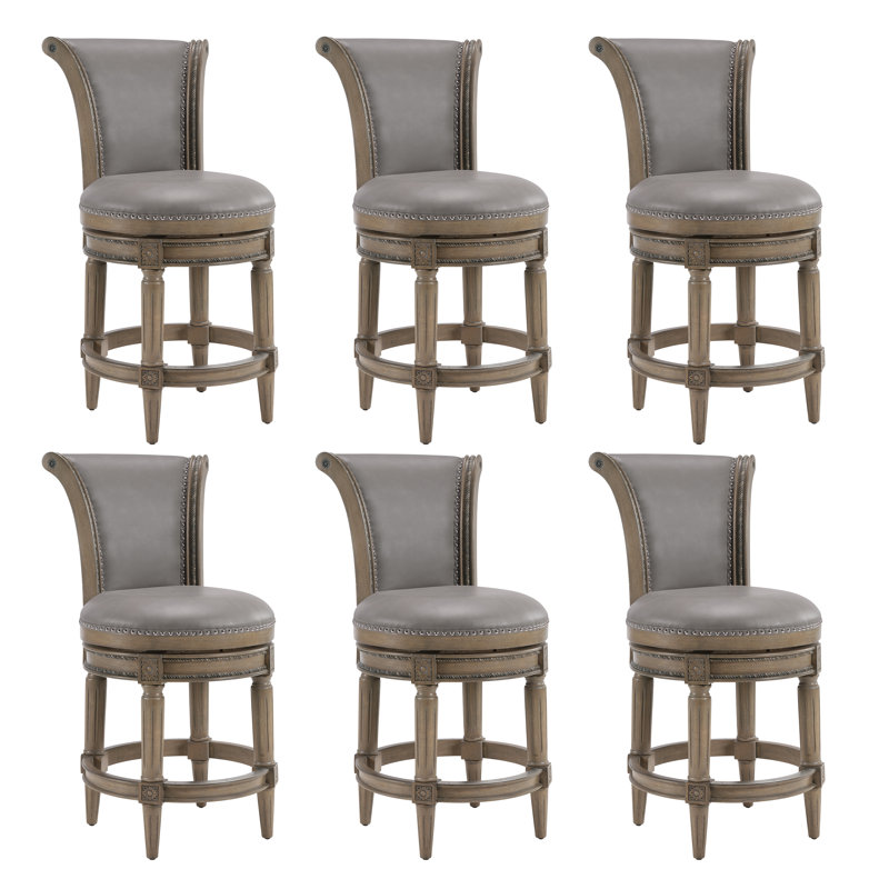 Elveria Classic Upholstered Bar Stools With Wooden Frame And Nailhead Trim, Antique Oak, Light Gray, 6