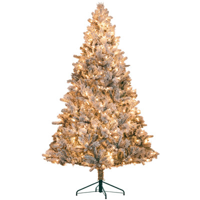 Pre-Lit Artificial Christmas Tree With Clear Lights And Tips, Snow Flocked Christmas Tree With Metal Stand, Hinged Xmas Tree For Home Office Holiday, Green