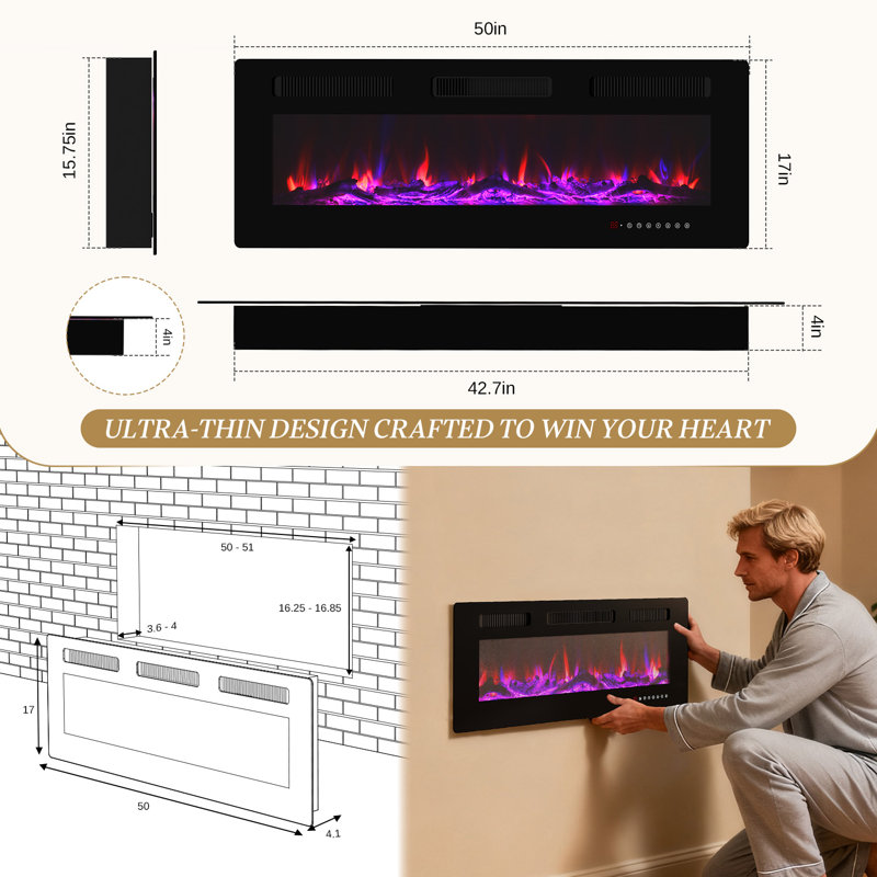 50" Thin Electric Fireplace Heater - Recessed & Wall Mounted, 15 Flame Colors, 6 Brightness & 6 Flame Speed Settings, Adjustable Thermostat 50–82°F, 12H Timer, 750W/1500W, Touch Screen & Remote Control
