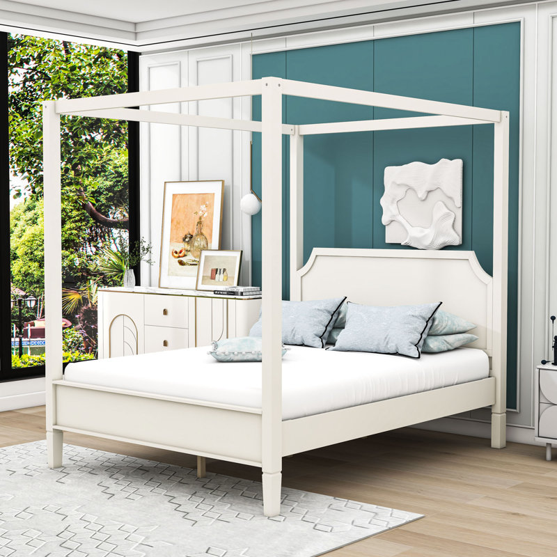 Lit plateforme à baldaquin avec tête de lit, Grand lit, Blanc crémeux