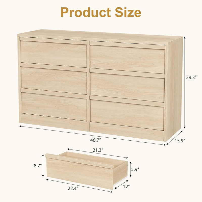 Commode double moderne à 6 tiroirs (naturel) avec rangement spacieux, Naturel
