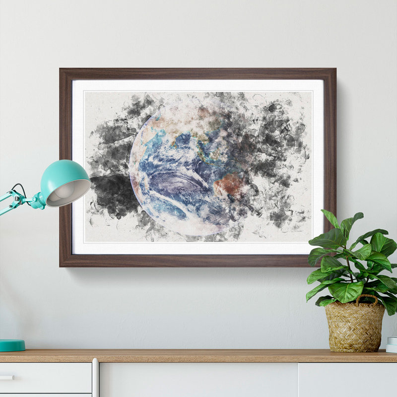 Beautiful View of Earth Watercolour - Picture Frame Graphic Art Print, 36cm H x 48cm W x 2cm D, Walnut Framed