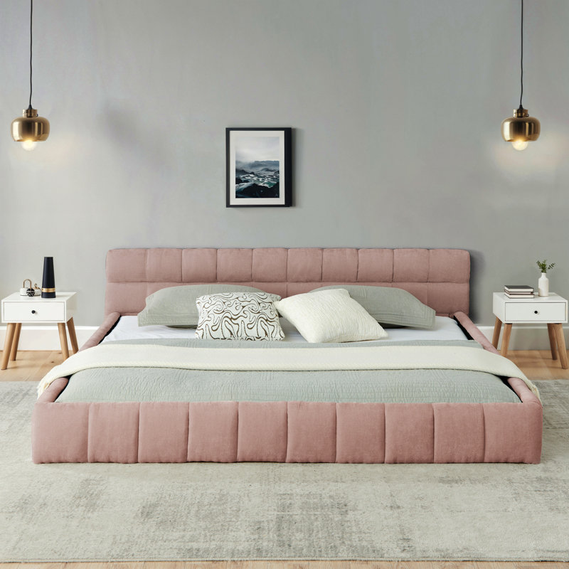 Structure de lit tapissier avec tissu épais, lit plateforme grand format en chenille avec tête de lit et structure solide