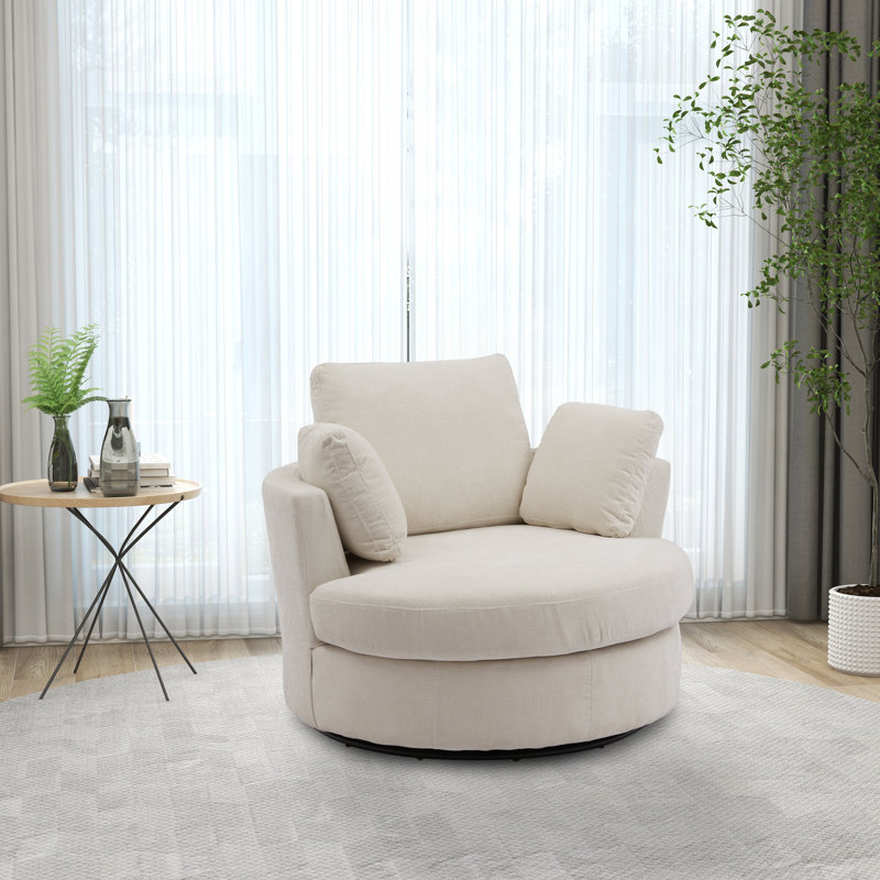 40" W Dahlonega Slipcovered Swivel Barrel Chair, Beige Chenille, 33.6'' H x 40'' W x 35'' D
