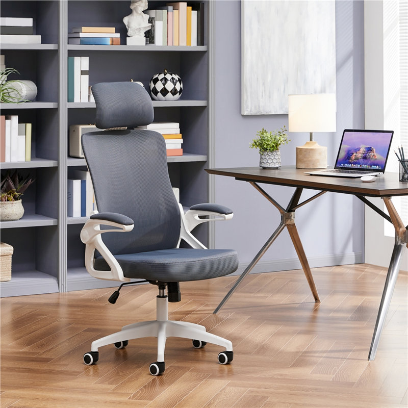Joyti Ergonomic Task Chair with Headrest and Flip-up Armrest Lumbar, Gray, White