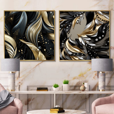 Noir profond et élégance dorée - ensemble de 2 impressions sur toile abstraites
