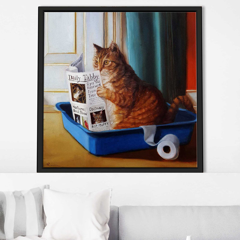Kitty Throne par Lucia Heffernan - Peinture, Cadre flottant noir, H 21,5 po x l 21,5 po x P 2 po