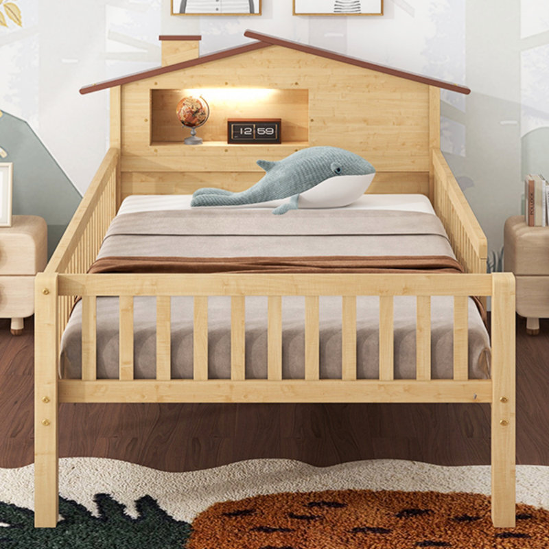 Lit plateforme en bois avec tête de lit en forme de maison, DEL et rangement intégré, cadre de lit, Naturel, Lit simple