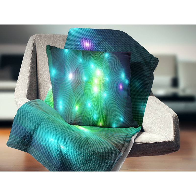 Fractal Lights in Fog - coussin imprimé abstrait, 18 po x 18 po, Noir / Vert, Coussin décoratif