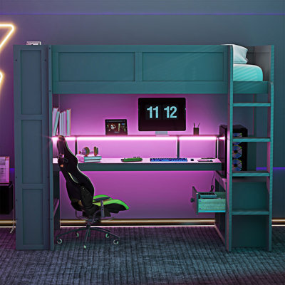 Lit mezzanine double en bois avec bureau et station de charge