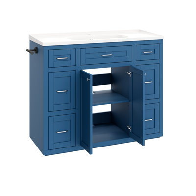 Meuble-lavabo autoportant de 122 cm avec lavabo en céramique, 6 tiroirs (3 de chaque côté), tiroir central rabattable, portes doubles à fermeture amortie, porte-serviettes réversible