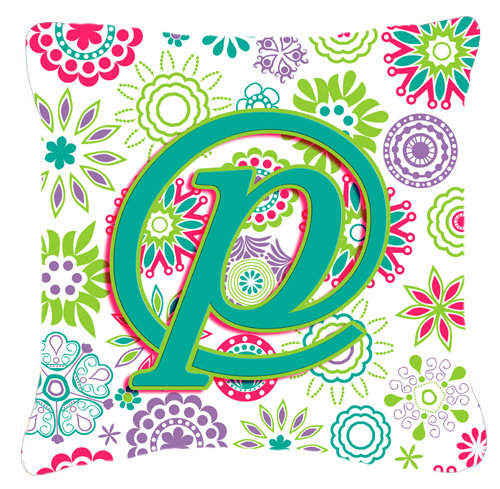 Monogramme initiale fleurs intérieur/extérieur Throw Pillow, P, 14" H x 14" L x 4" D