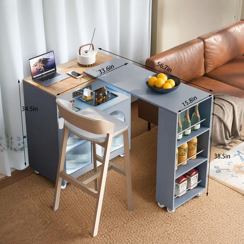 Roll-Away Kitchen Island With Extension Table, LED Lighting, Electrical Sockets, 2 Recessed Glass Doors With Storage Compartments And 3 Open Shelves On The Sides.