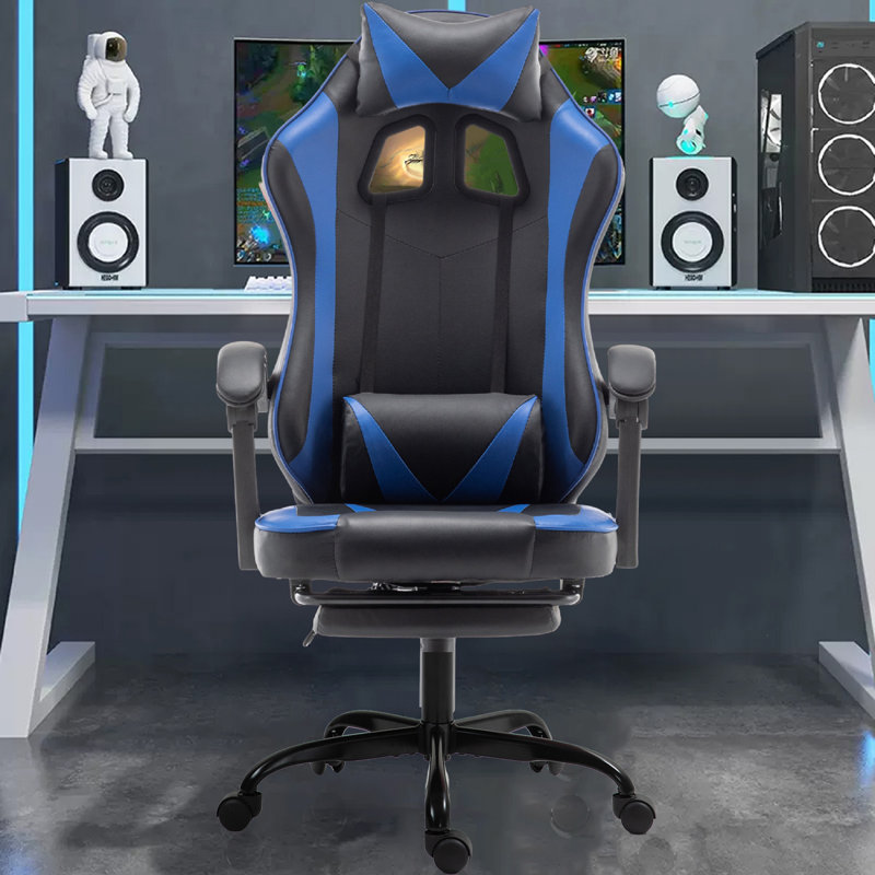 Radelldar Adjustable Reclining Ergonomic Faux Leather Swiveling PC & Racing Game Chair with Footrest, Black/Blue