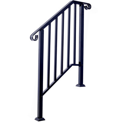 Handrails For Outdoor Steps, Fit 2 Or 3 Steps Outdoor Stair Railing, Picket#2 Wrought Iron Handrail, Flexible Porch Railing, Black Transitional Handrails For Concrete Steps Or Wooden Stairs