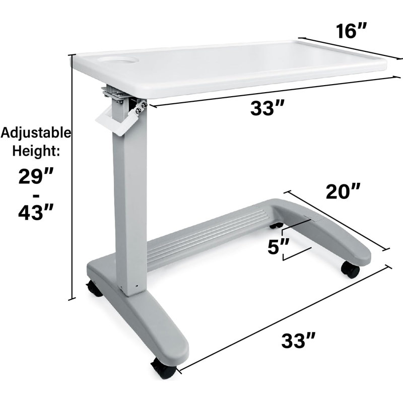 Medical Adjustable Overbed Exam Bedside Table With Wheels (Hospital And Home Use), New Tabletop, Light Grey
