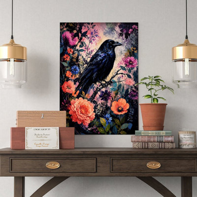 Canvas Wall Art Black Raven Perched On Floral Branch Art Print Vintage Poster Print Home Decor