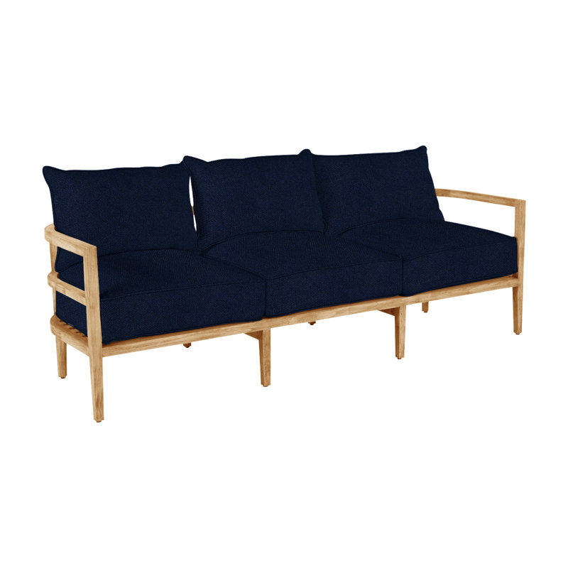 Santa Barbara 87" Wide Outdoor Teak Patio Sofa with Cushions, Natural Teak, Welt, Herringbone Sand