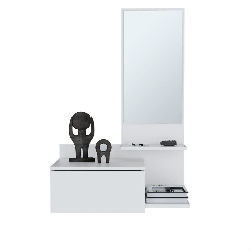Armoire de couloir flottante H 36,2 po, 1 tiroir, 3 tablettes, 1 miroir, Blanc