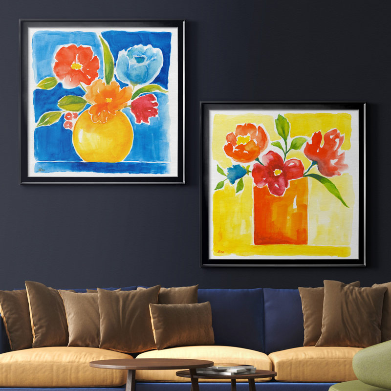 «Sunny Day Bouquet I», ensemble de 2 reproductions d'art sur toile tendue, Toile avec cadre noir, Pas de tapis