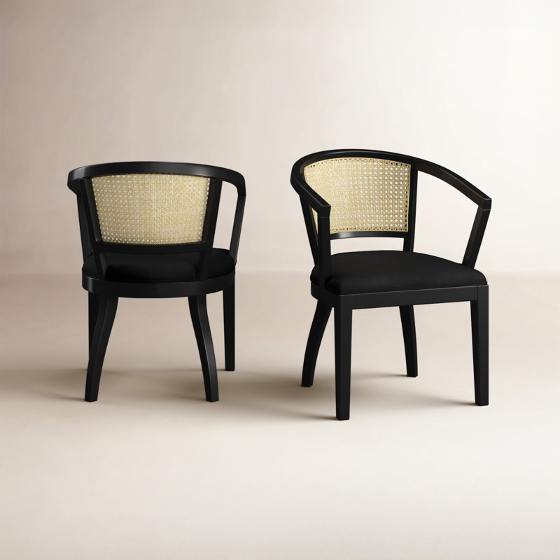 Chaises de salle à manger en velours Ashia, bois d'hévéa et canne, Tissu performance noir