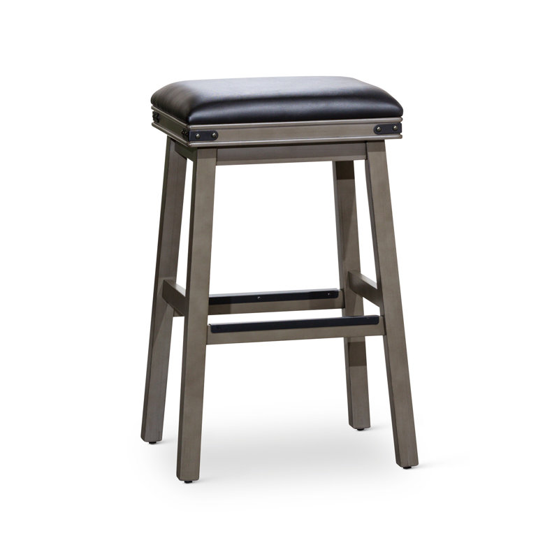 Tabouret de bar de 30 pouces au fini gris patiné et siège en cuir noir confortable, parfait pour les cuisines et les bars modernes