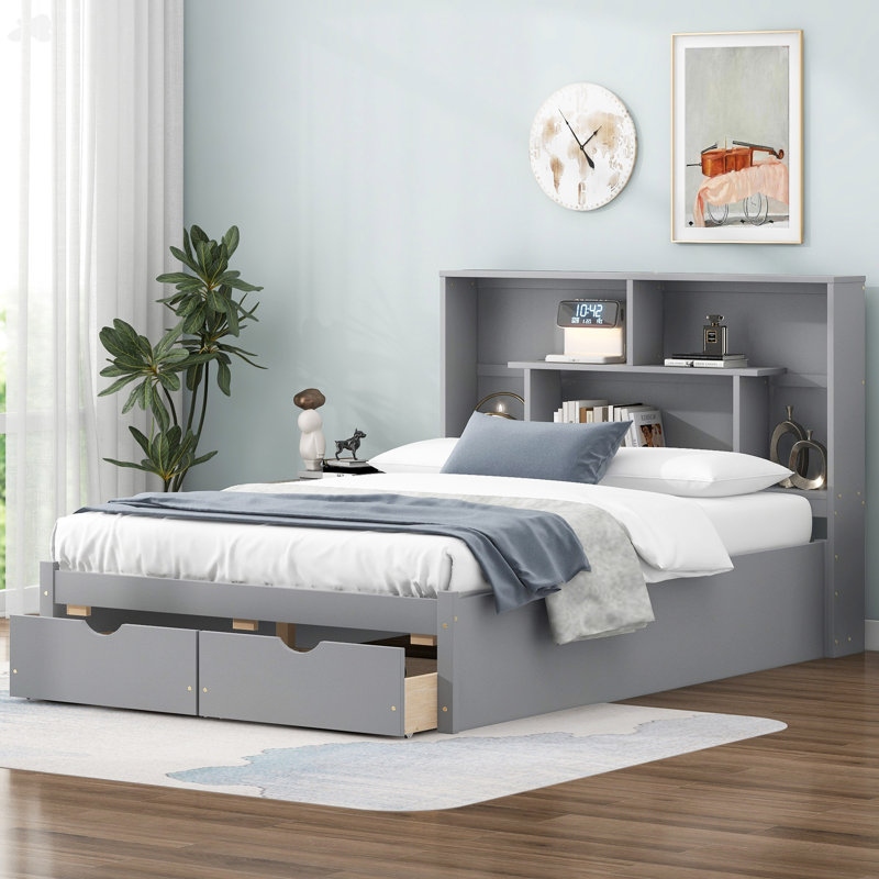 Lit plateforme en bois avec tête de lit avec rangement, Gris, Full