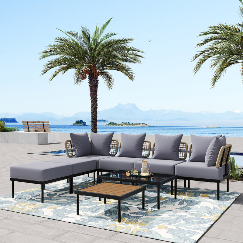8-Piece Patio Sectional Sofa Set With Tempered Glass Coffee Table And Wooden Coffee Table, Light Grey
