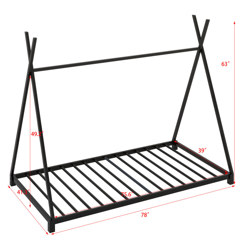 Metal House Platform Bed With Triangle Structure, Black