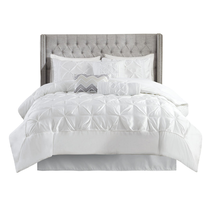 Édredon blanc grand 7 pièces - édredon de luxe, taies décoratives, coussins décoratifs, jupe de lit inclus avec coussins et style contemporain