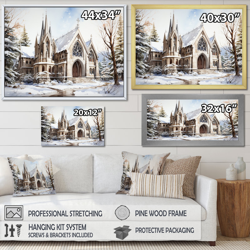 Chapelle de mariage blanche, aquarelle d'hiver rustique, Cadre flottant blanc, H 16 po x l 32 po x P 1 po