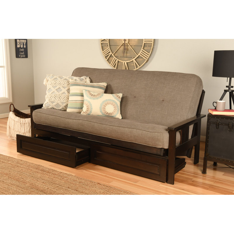 Le cadre de futon double Stratford comprend des tiroirs de rangement et un matelas, Innerspring, Lin pierre, Espresso