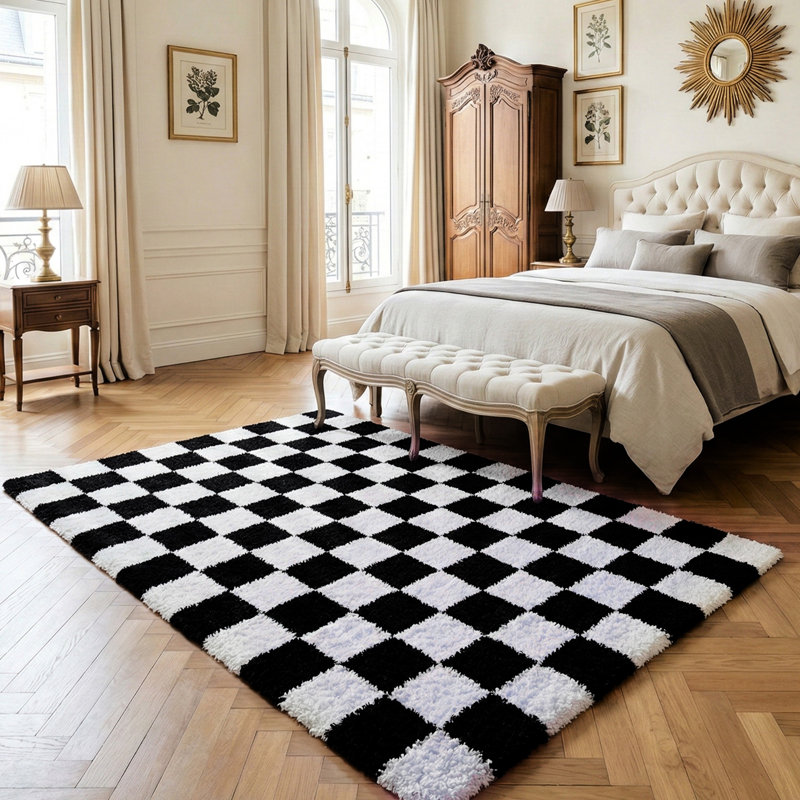 Plush Checkered Shag Area Rug - Soft Fluffy Black White Grid Fleece Carpet for Living Room, Bedroom, Dry-Clean Only, High-Pile Shaggy Rug with Modern Checkerboard Pattern, Cozy Non-Slip Floor Decor for Contemporary Home Spaces
