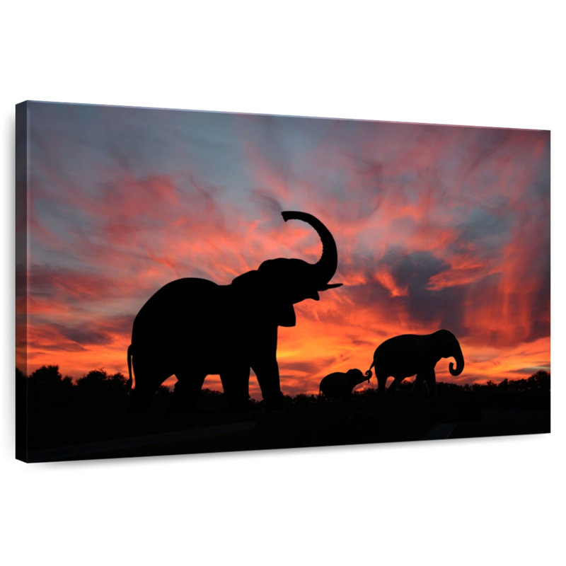 Silhouette d'éléphant au coucher du soleil, H 32 po x l 48 po