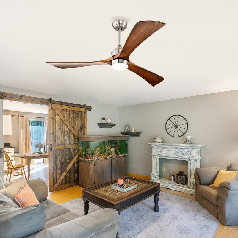 Ventilateur de plafond de 52 pouces avec lumière DEL, commande à distance, 3 pales en bois massif, moteur à courant continu à densité humide, nickel