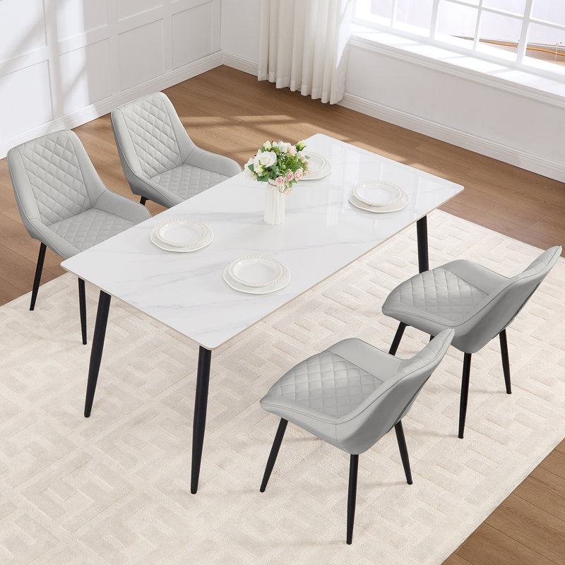 Faux Leather Upholstered Metal Dining Chair, 4, Light Gray