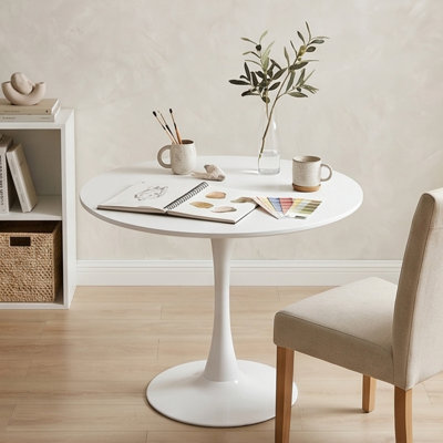 24" Round Tulip Dining Table - White Finish, MDF Top & Metal Pedestal Base