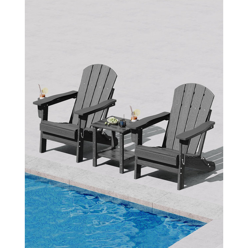Set of 2 Folding Adirondack Chair with Cup Holder - All-Weather HDPE Outdoor Patio Chair, Wooden Textured Look & Foldable Design for Fire Pit, Deck, Garden, and Porch