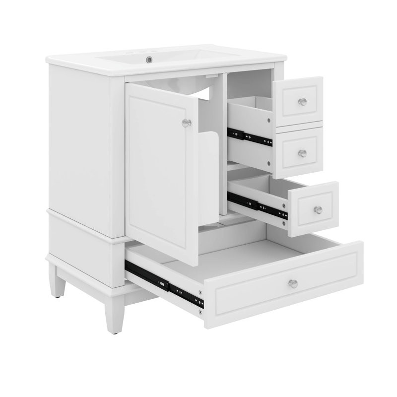 Meuble-lavabo 30 po avec lavabo en céramique, une porte avec tablette et trois tiroirs, poignées en métal, White